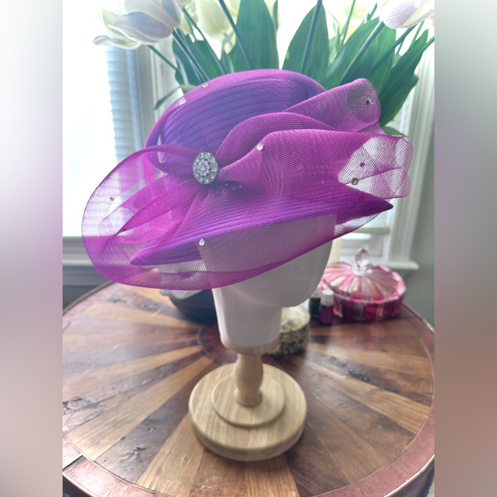 Giovanna Chic Purple Fuchsia Women's Flat Top Hat with Rhinestone Accent